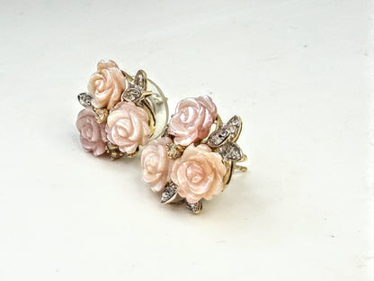 Vintage 14K Gold Carved MOP Rose Diamond Cluster Earrings 5.5g JR1583