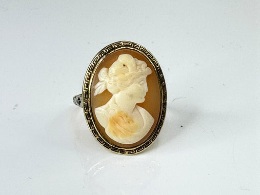 Vintage 14K Gold Carved Shell Cameo Ring, Greek Key Border, Size 6.5 JR1743