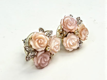 Vintage 14K Gold Carved MOP Rose Diamond Cluster Earrings 5.5g JR1583