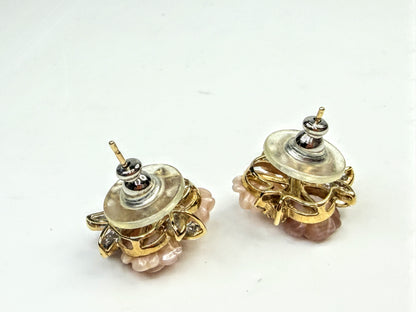 Vintage 14K Gold Carved MOP Rose Diamond Cluster Earrings 5.5g JR1583