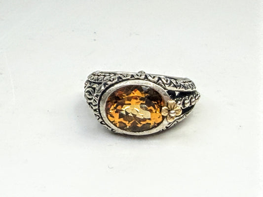 Vintage Barbara Bixby Orange Citrine Sterling 18K Gold Floral Ring JR1586