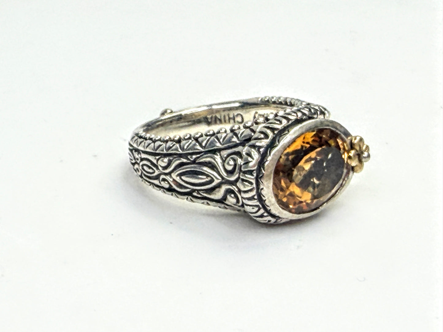 Vintage Barbara Bixby Orange Citrine Sterling 18K Gold Floral Ring JR1586