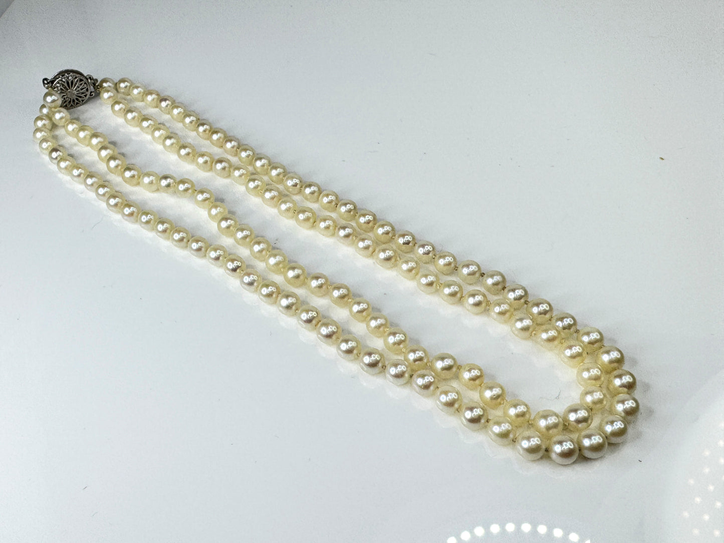 Mid Century Double Strand Pearl 14K White Gold filigree Necklace  33g JR1746
