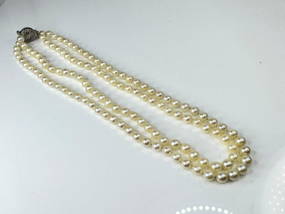 Mid Century Double Strand Pearl 14K White Gold filigree Necklace  33g JR1746