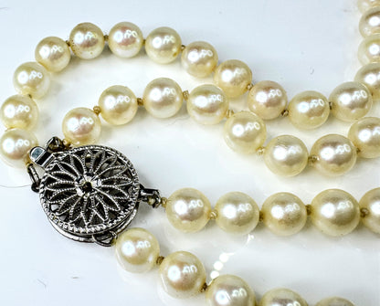 Mid Century Double Strand Pearl 14K White Gold filigree Necklace  33g JR1746