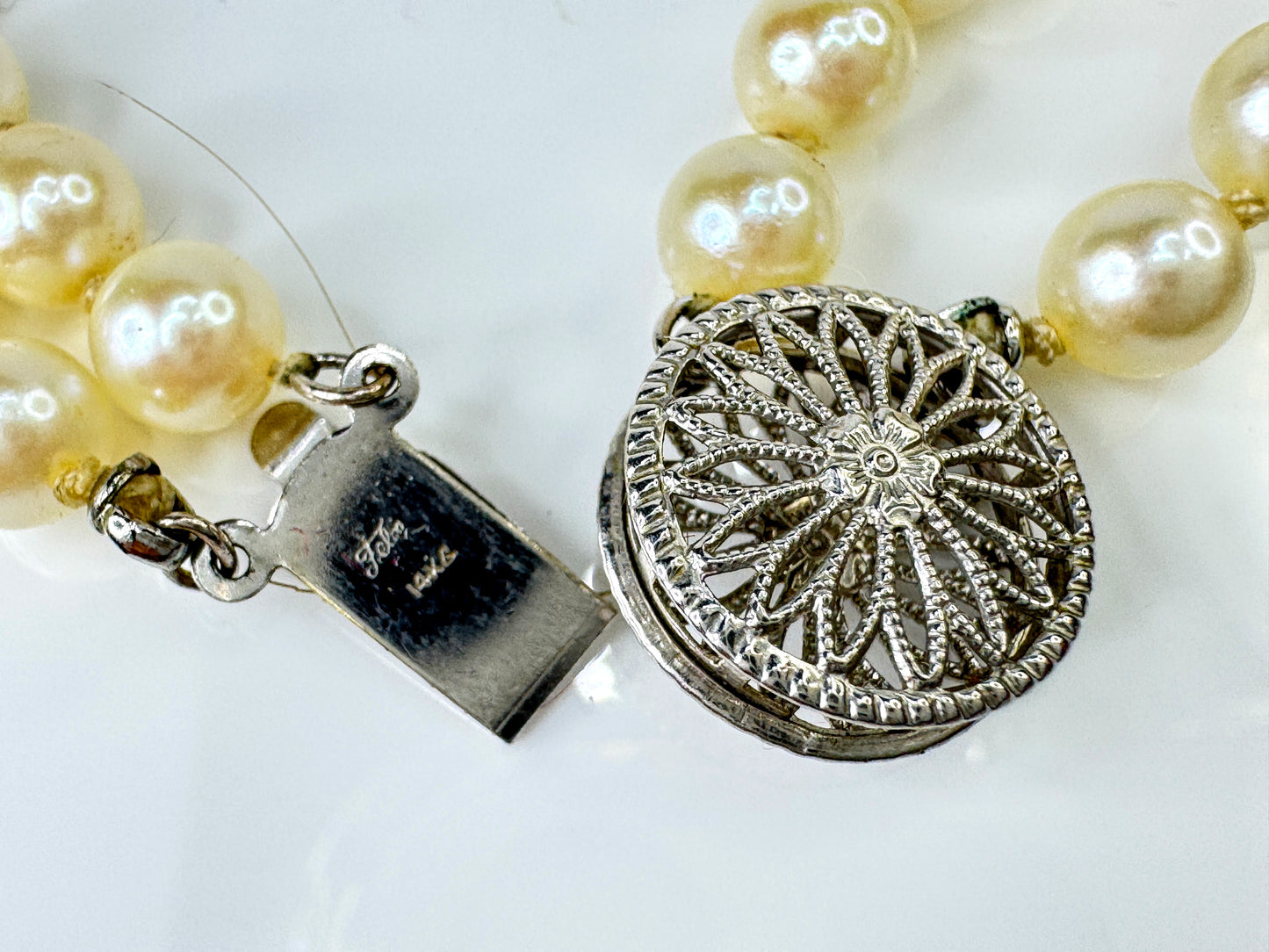 Mid Century Double Strand Pearl 14K White Gold filigree Necklace  33g JR1746
