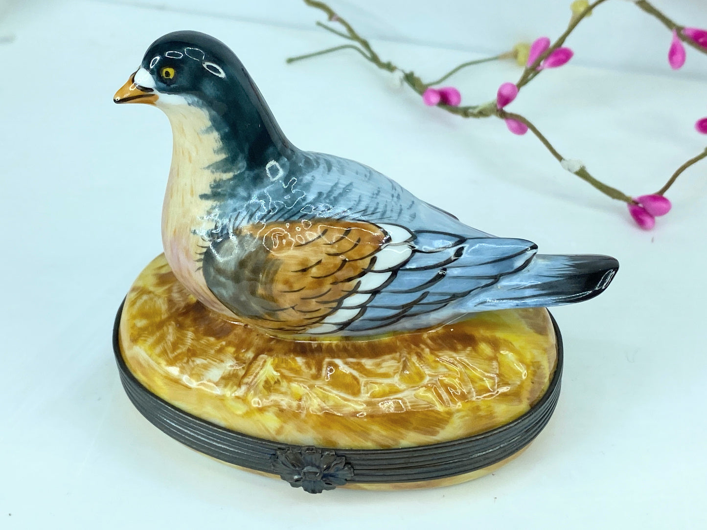 Large Limited Edition Limoges Feather friend Porcelain Pigeon Trinket 3.75" A546