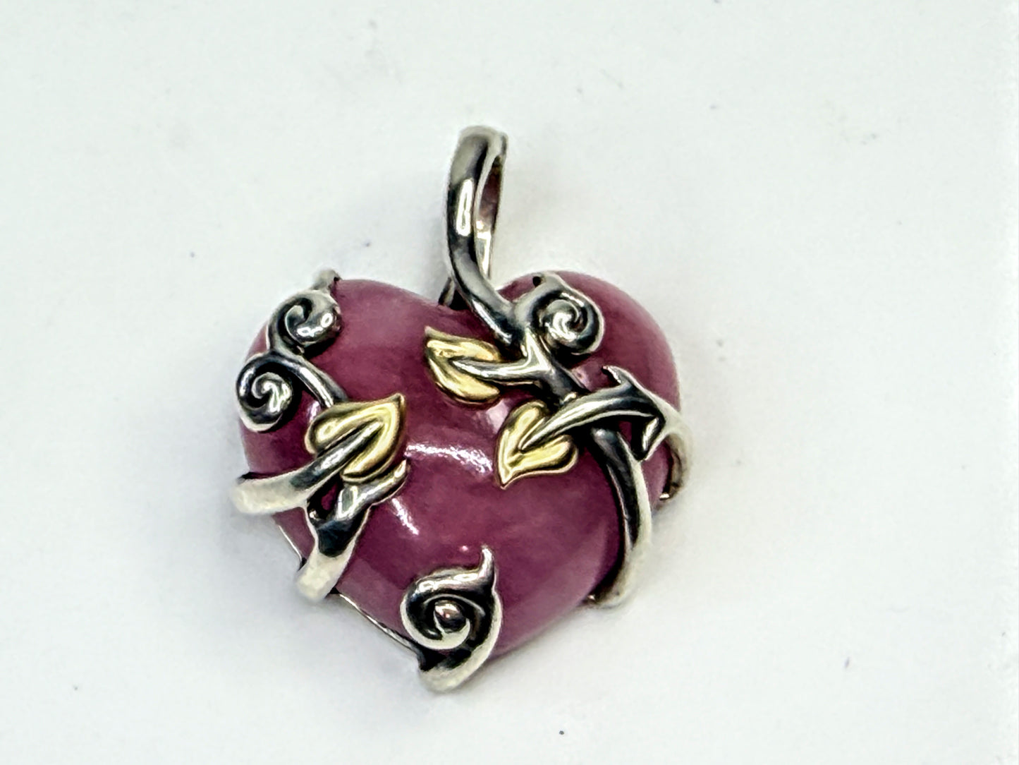 Vintage Barbara Bixby Pink Jade 18K Sterling Heart Pendant 24.5g 1.5" JR1588