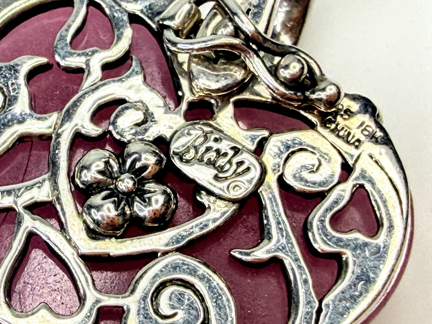 Vintage Barbara Bixby Pink Jade 18K Sterling Heart Pendant 24.5g 1.5" JR1588