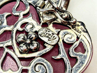 Vintage Barbara Bixby Pink Jade 18K Sterling Heart Pendant 24.5g 1.5" JR1588