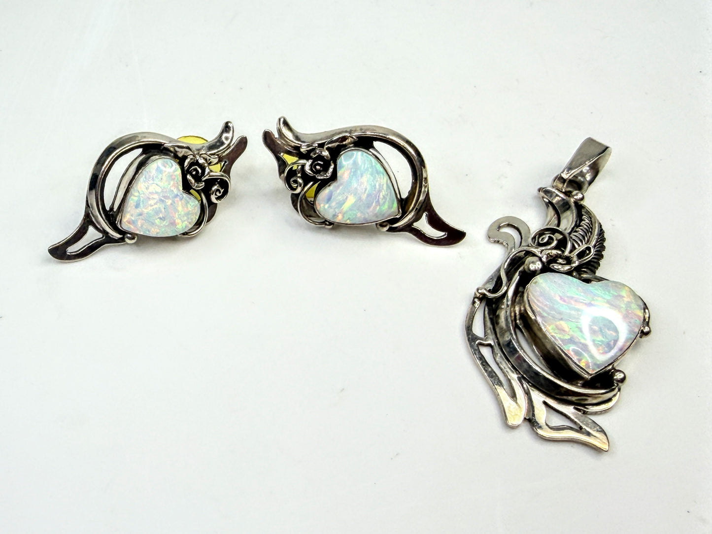 Vintage Lisa Beka Sterling Doublet Opal Heart Pendant Earrings Set 28.1g JR1589