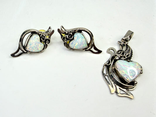 Vintage Lisa Beka Sterling Doublet Opal Heart Pendant Earrings Set 28.1g JR1589