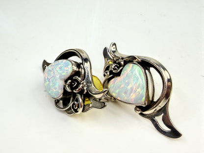 Vintage Lisa Beka Sterling Doublet Opal Heart Pendant Earrings Set 28.1g JR1589