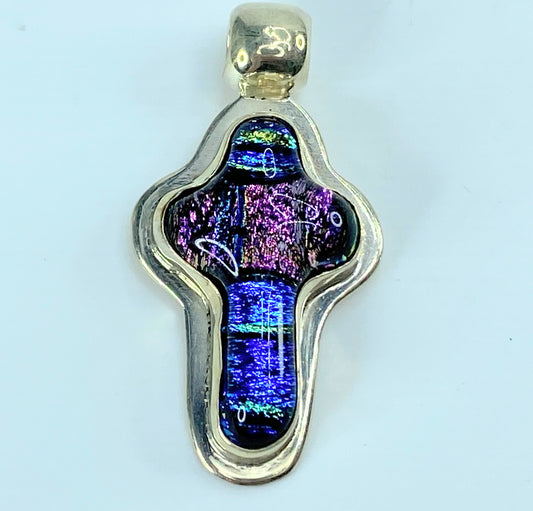 Sterling silver 925 Dichroic art Glass hand set Cross pendant 1 3/4" JR9326