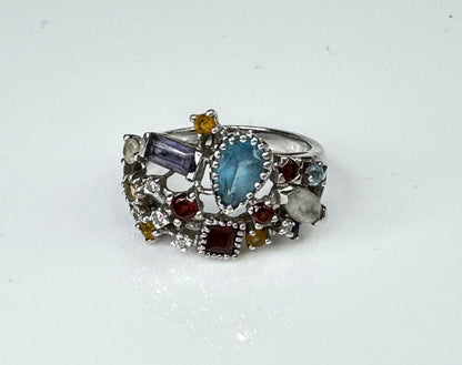 14K Gemstone garnet citrine topaz tourmaline Diamond Cluster Ring Size 7 JR1749