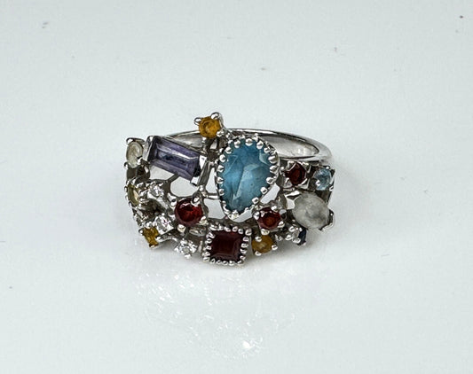 14K Gemstone garnet citrine topaz tourmaline Diamond Cluster Ring Size 7 JR1749