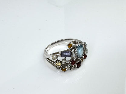 14K Gemstone garnet citrine topaz tourmaline Diamond Cluster Ring Size 7 JR1749