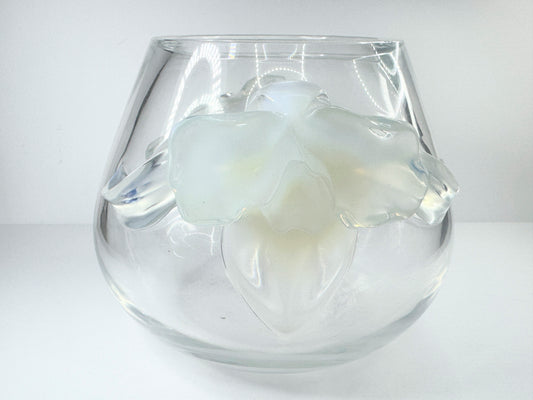 Lalique "Orchidee" Clear Crystal Vase Dimensional Opalescent Orchid Accents A505