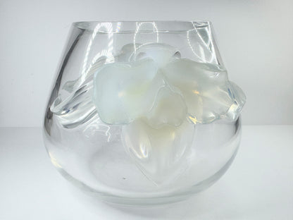 Lalique "Orchidee" Clear Crystal Vase Dimensional Opalescent Orchid Accents A505
