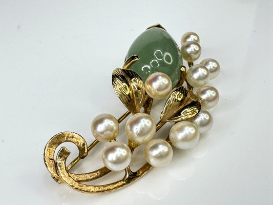 Vintage Mings of Honolulu 14K Gold Water Jade Akoya Pearl Brooch Pin 8.6g JR1751