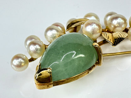 Vintage Mings of Honolulu 14K Gold Water Jade Akoya Pearl Brooch Pin 8.6g JR1751