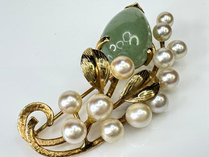 Vintage Mings of Honolulu 14K Gold Water Jade Akoya Pearl Brooch Pin 8.6g JR1751