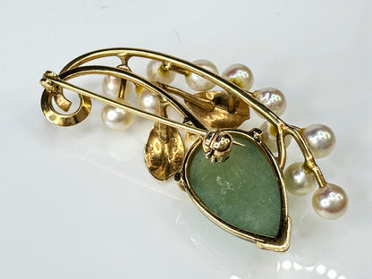 Vintage Mings of Honolulu 14K Gold Water Jade Akoya Pearl Brooch Pin 8.6g JR1751