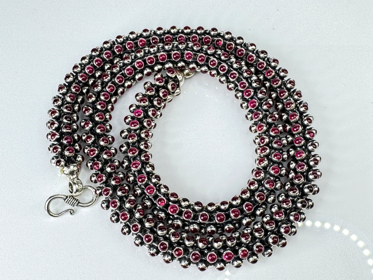 Vintage Sterling Silver cylindrical Bezel Set Garnet Strand Necklace 110g JR1752