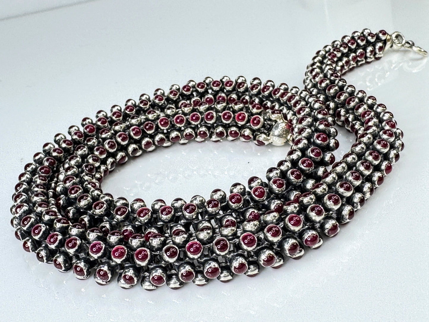Vintage Sterling Silver cylindrical Bezel Set Garnet Strand Necklace 110g JR1752
