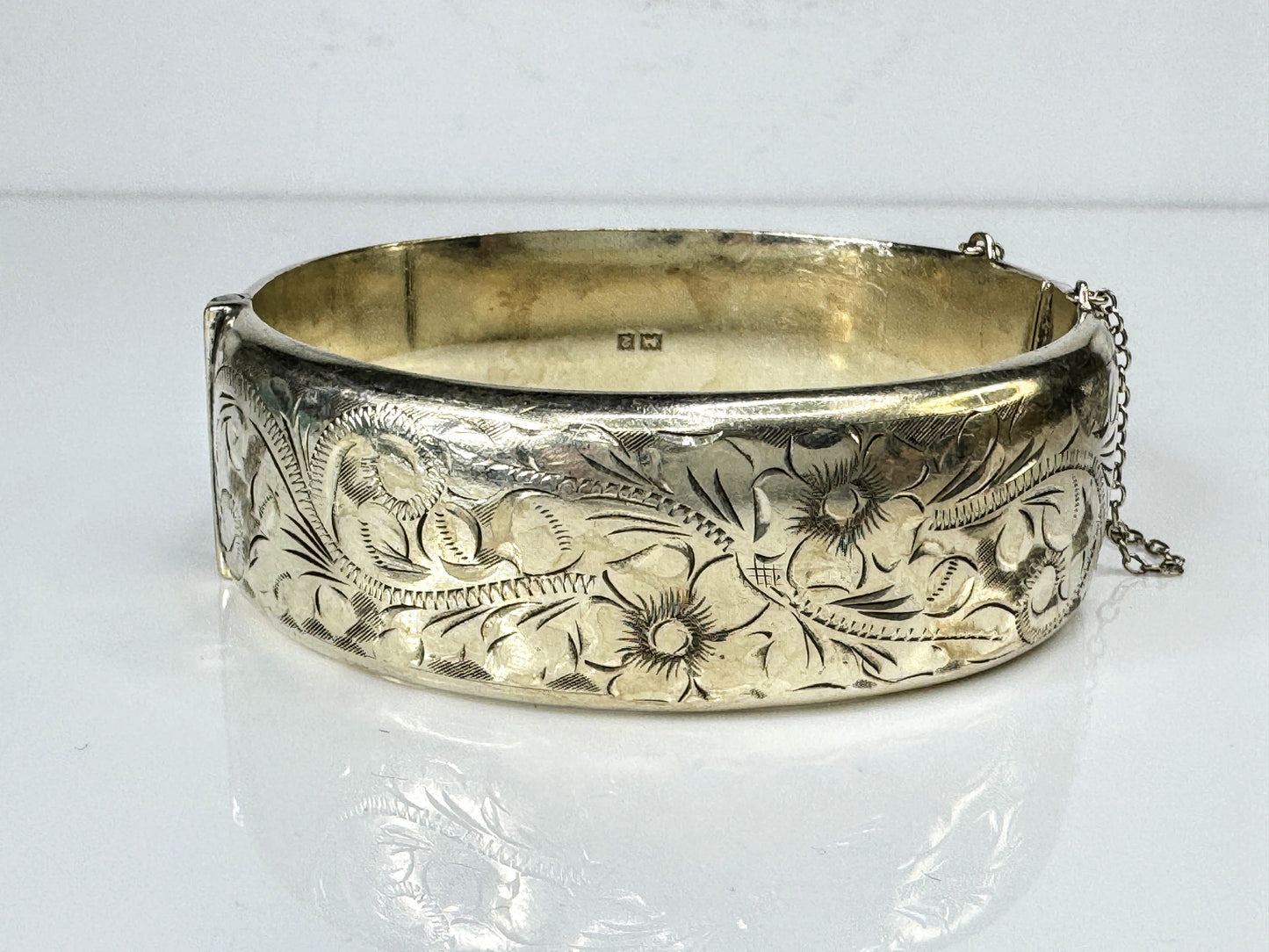 British Sterling Silver Hallmarked Link Floral etch Bracelet Safety Chain JR1753
