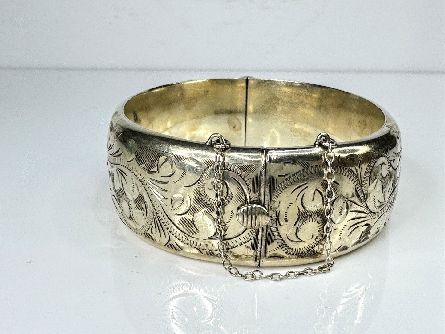 British Sterling Silver Hallmarked Link Floral etch Bracelet Safety Chain JR1753