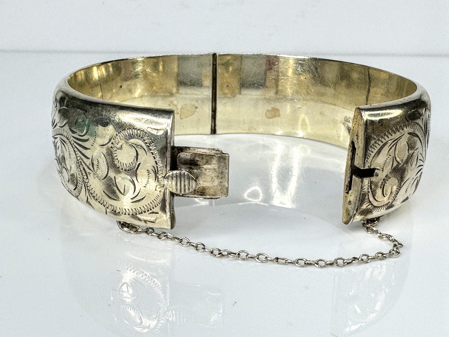 British Sterling Silver Hallmarked Link Floral etch Bracelet Safety Chain JR1753