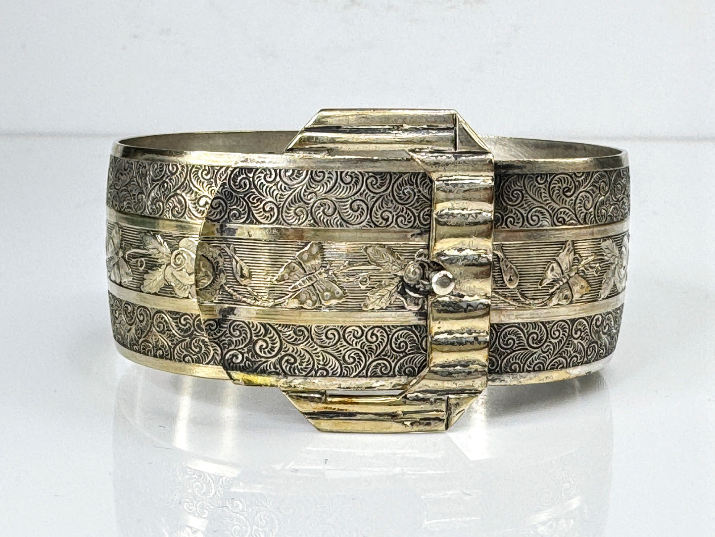 Art Deco Sterling Silver Floral Engraved Buckle Bracelet, 7” 32.6g JR1754