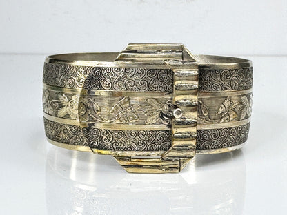 Art Deco Sterling Silver Floral Engraved Buckle Bracelet, 7” 32.6g JR1754
