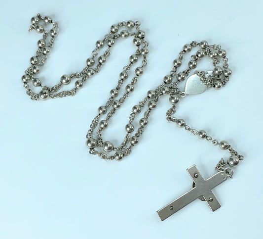 Sterling silver Rosary Cross Heart center with round beads 1.5″ crucifix JR9362