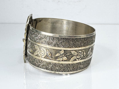 Art Deco Sterling Silver Floral Engraved Buckle Bracelet, 7” 32.6g JR1754