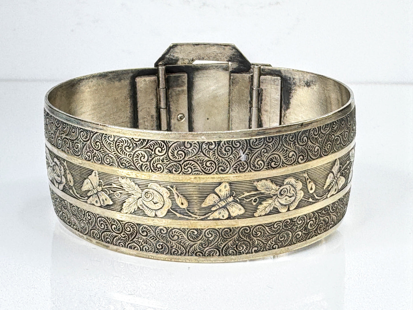 Art Deco Sterling Silver Floral Engraved Buckle Bracelet, 7” 32.6g JR1754