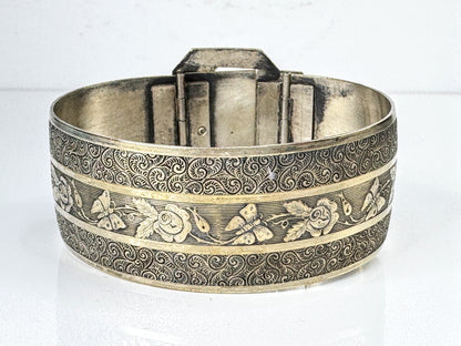 Art Deco Sterling Silver Floral Engraved Buckle Bracelet, 7” 32.6g JR1754