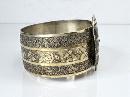Art Deco Sterling Silver Floral Engraved Buckle Bracelet, 7” 32.6g JR1754