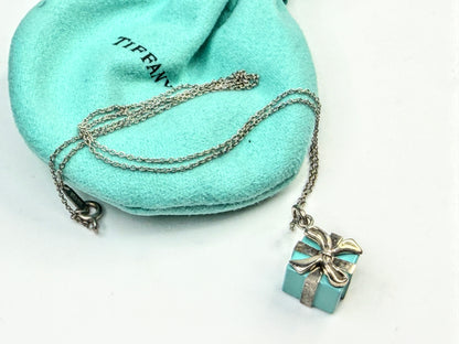 Vintage Tiffany & Co. Sterling Silver Blue Enamel Gift Box Pendant Necklace JR1595