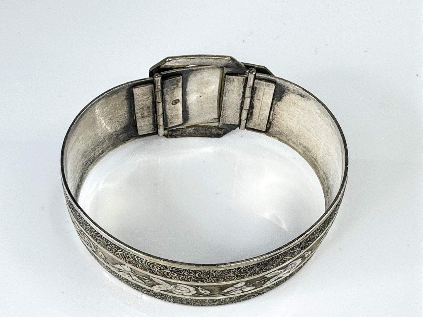 Art Deco Sterling Silver Floral Engraved Buckle Bracelet, 7” 32.6g JR1754
