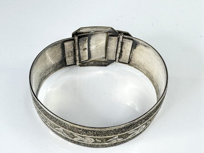 Art Deco Sterling Silver Floral Engraved Buckle Bracelet, 7” 32.6g JR1754