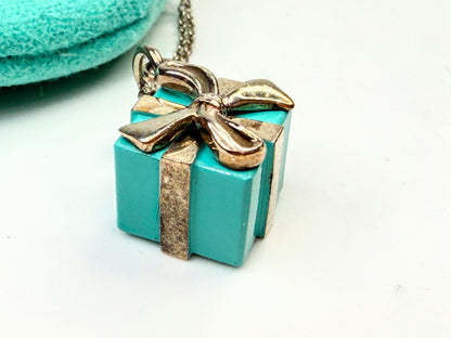 Vintage Tiffany & Co. Sterling Silver Blue Enamel Gift Box Pendant Necklace JR1595