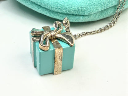 Vintage Tiffany & Co. Sterling Silver Blue Enamel Gift Box Pendant Necklace JR1595