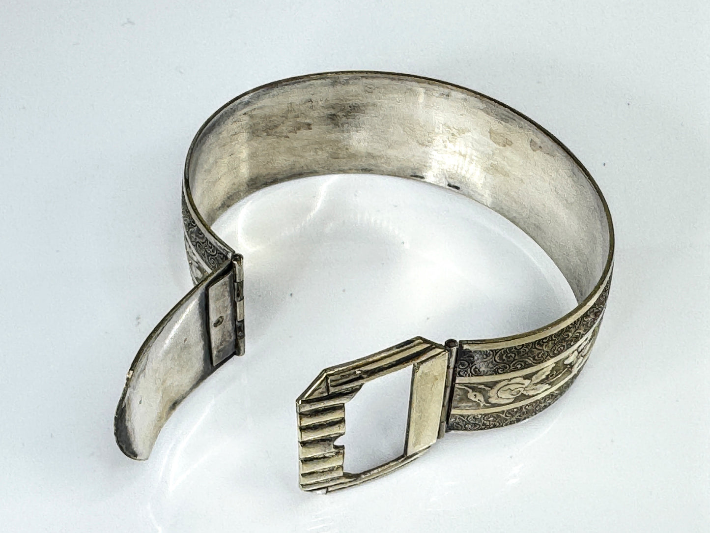 Art Deco Sterling Silver Floral Engraved Buckle Bracelet, 7” 32.6g JR1754