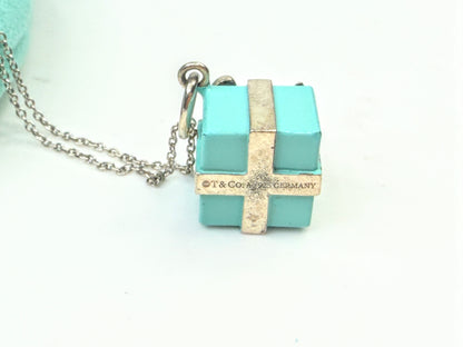Vintage Tiffany & Co. Sterling Silver Blue Enamel Gift Box Pendant Necklace JR1595