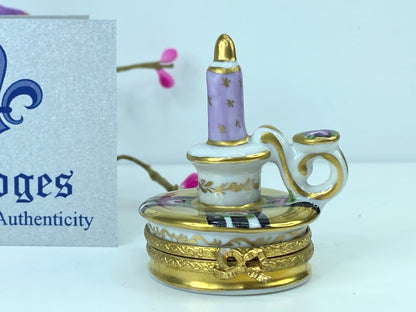 Signed Limoges France Lavender mini-sized candlestick trinket box A555