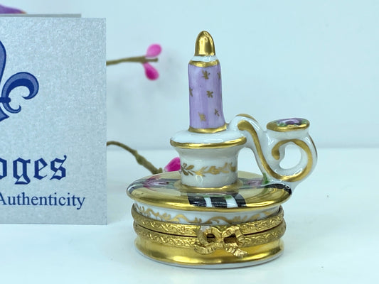 Signed Limoges France Lavender mini-sized candlestick trinket box A555