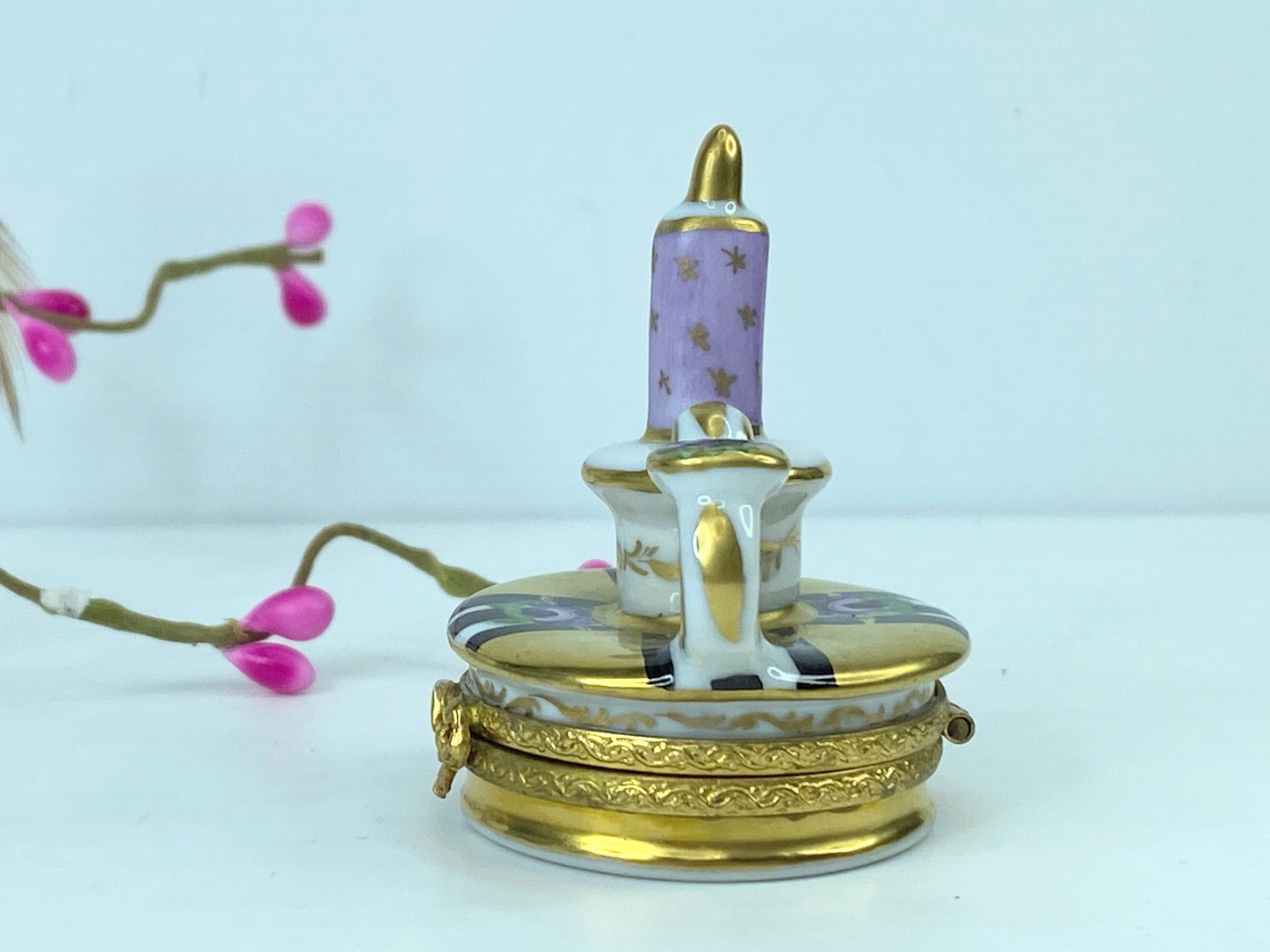 Signed Limoges France Lavender mini-sized candlestick trinket box A555