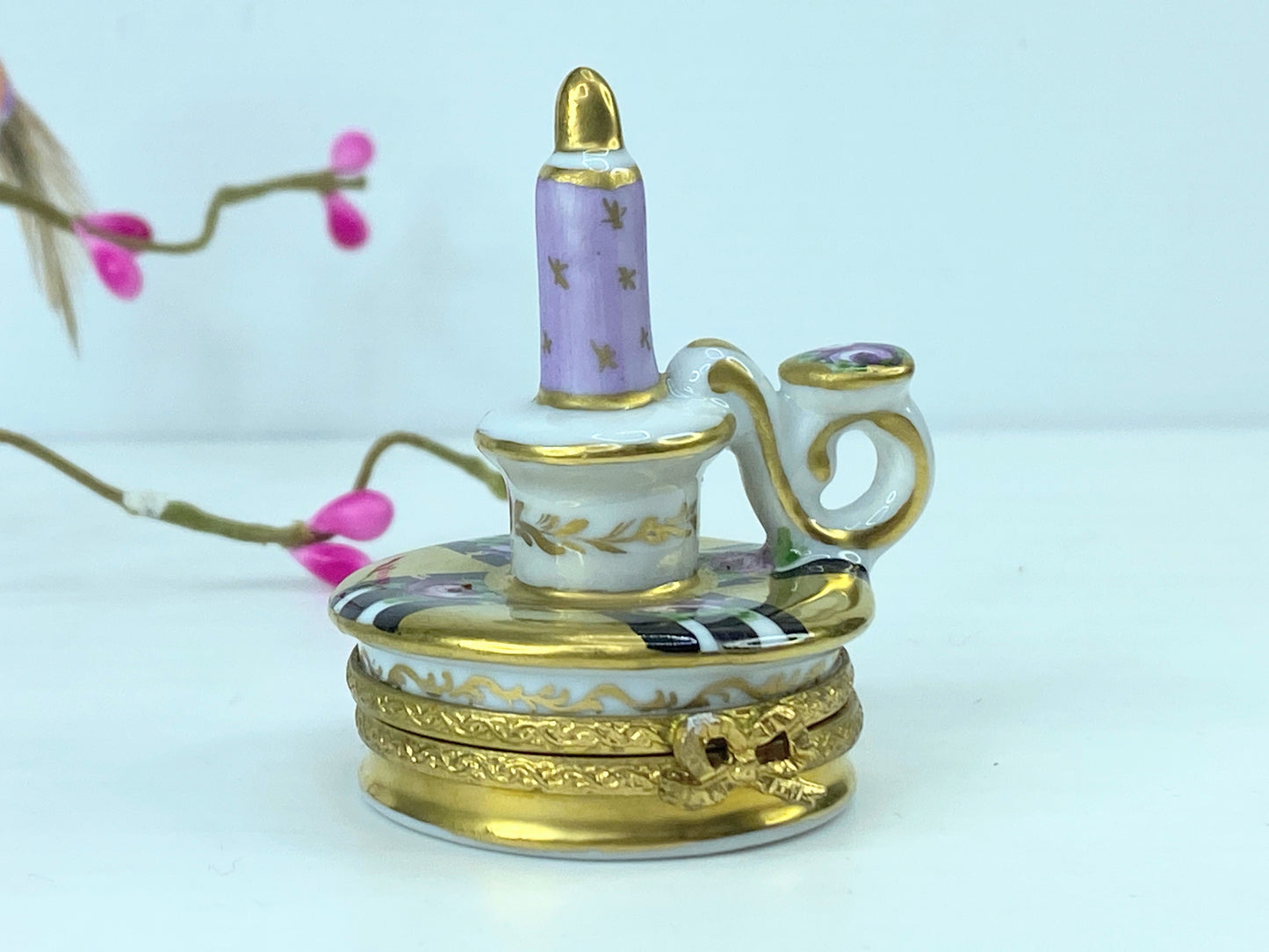 Signed Limoges France Lavender mini-sized candlestick trinket box A555